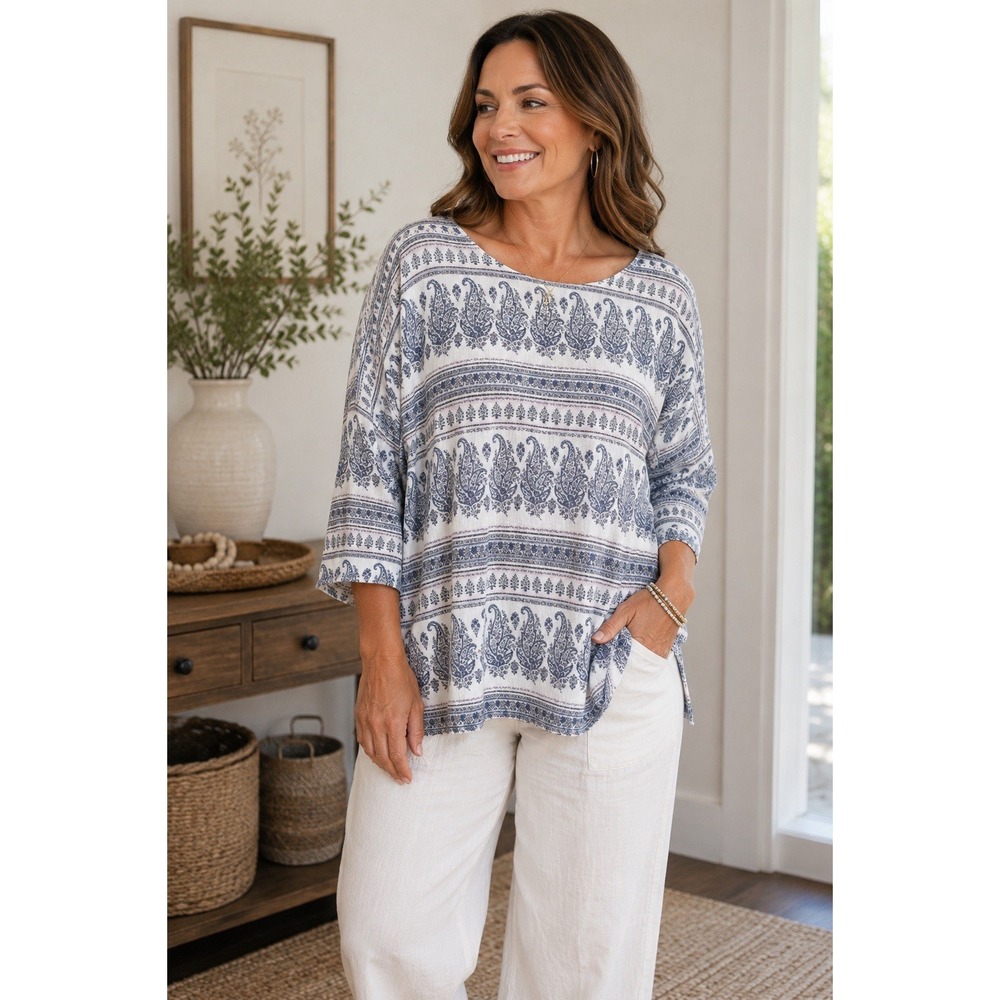 Pure Jill Paisley Print Hemp Cotton Knit Top Women's 2XL Relaxed Boho